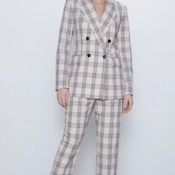 ZARA double breasted cream and grey plaid blazer, S - Picture 2 of 10